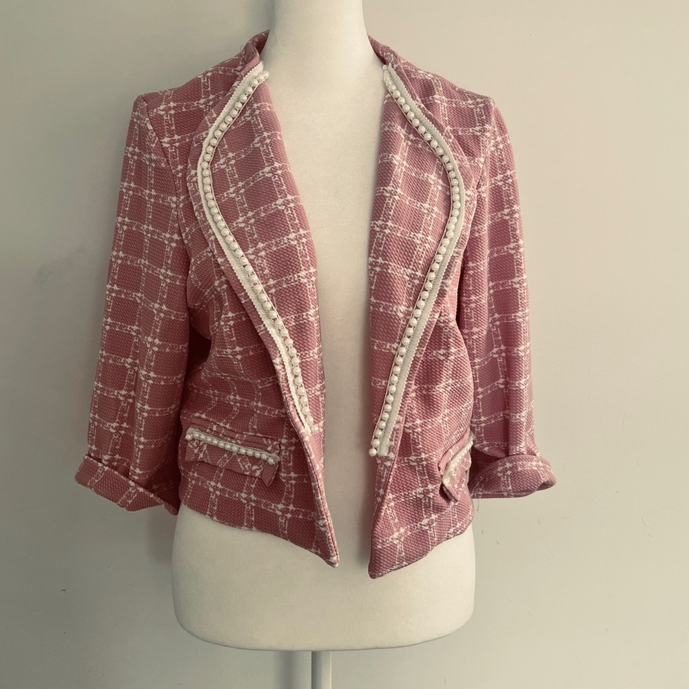 Maya Brooke Pink and White Blazer with Pearl Trim Size 12 - Picture 2 of 12